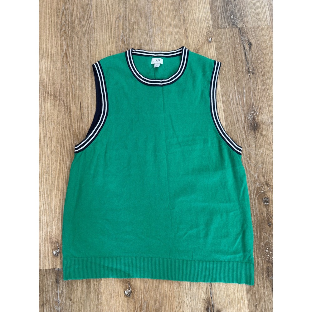 J.Crew Sweater Vest Womens XL Green Cotton Striped Trim Sleeveless Crew Neck